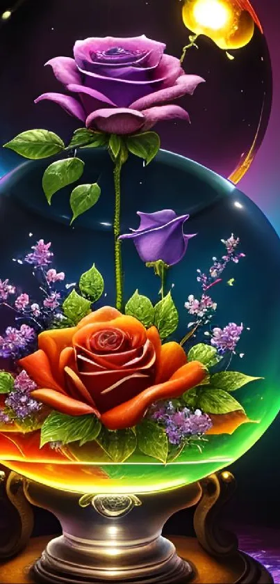 Vibrant crystal sphere with colorful roses in artistic design.