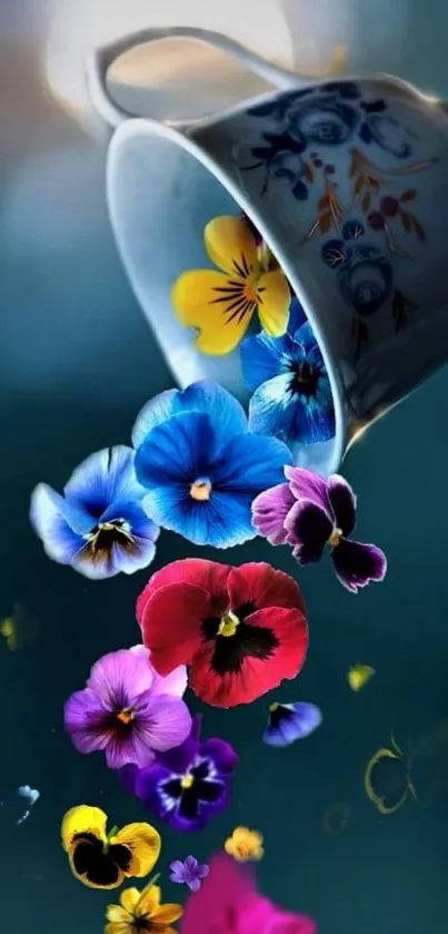 Vibrant pansies cascading from a decorative teacup.