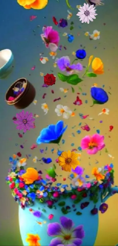 Vibrant flowers bursting from a blue cup, set against a colorful background.