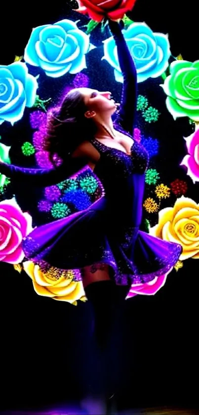 Dancer surrounded by glowing, colorful roses on a dark background.