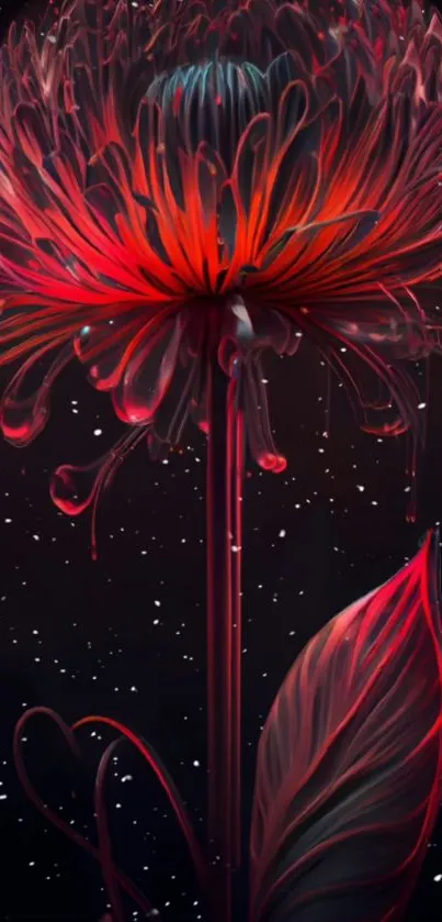 Vibrant flower with red petals glowing on a dark, starry background.