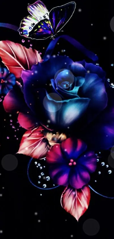 Vibrant blue rose with butterfly on dark background.