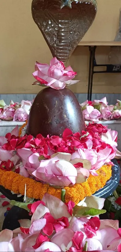 Shiva Lingam adorned with vibrant pink and red flowers, capturing cultural beauty.