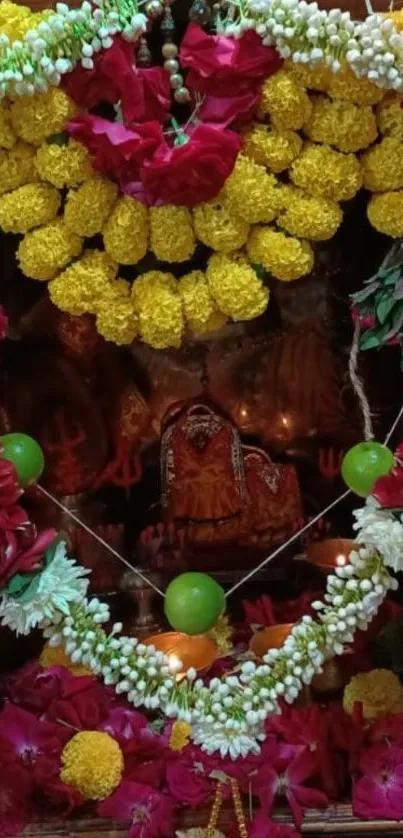 Vibrant floral decoration with marigolds and roses in traditional setup.