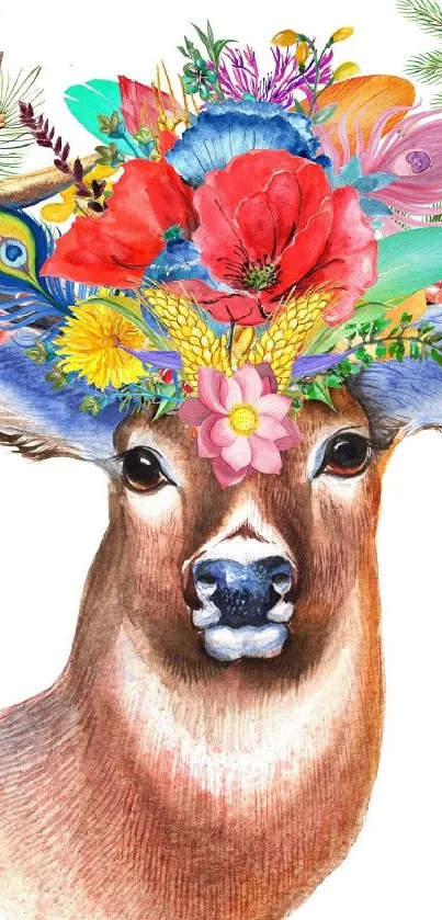 Colorful deer with floral antlers on a mobile wallpaper.