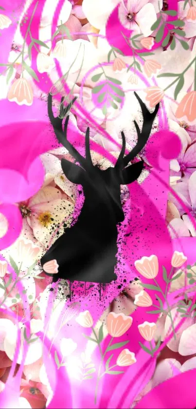 Silhouette of a deer surrounded by vibrant pink and floral patterns.