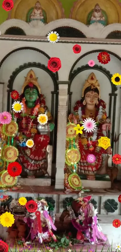 Vibrant deity wallpaper with flowers and ornate idols.