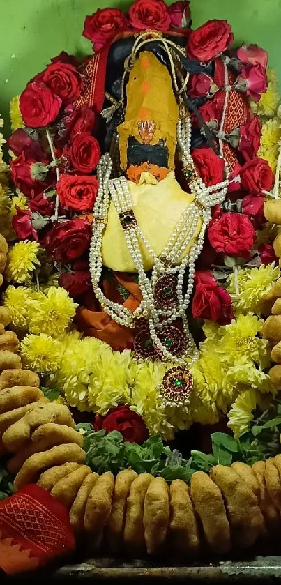 Traditional garland with roses and marigolds on olive green background.