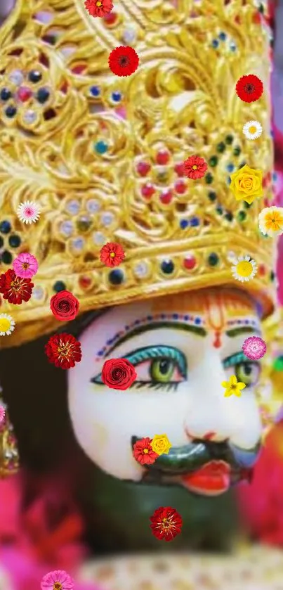 Colorful deity with golden crown and vibrant floral accents.