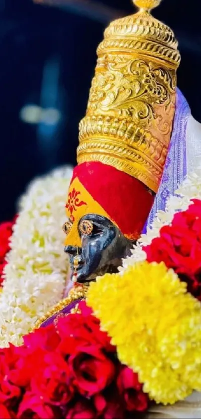 Colorful deity adorned with flowers and gold details.
