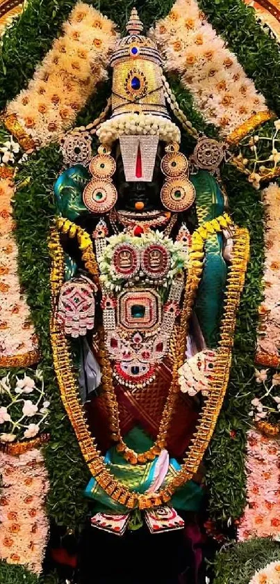 Vibrant deity with colorful floral garlands and intricate decorations.