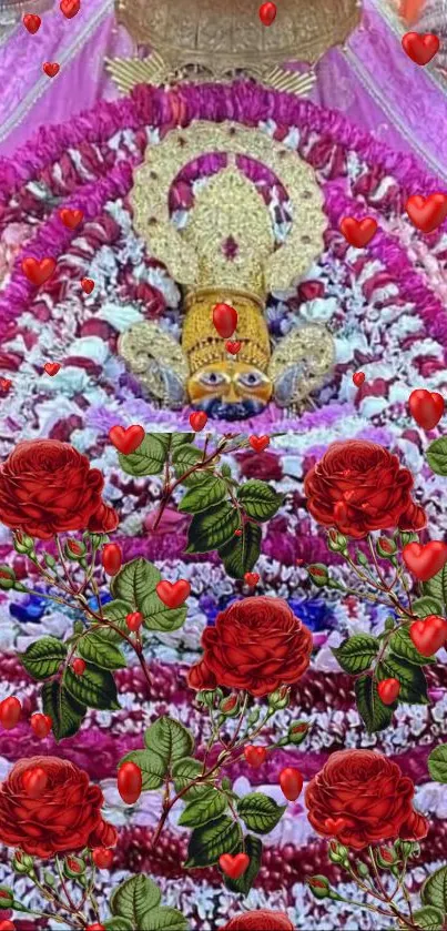 Devotional deity with floral designs and red roses on a vibrant background.