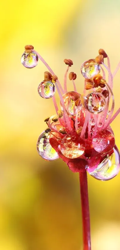 Close-up of a flower with dew drops against a vibrant yellow background.