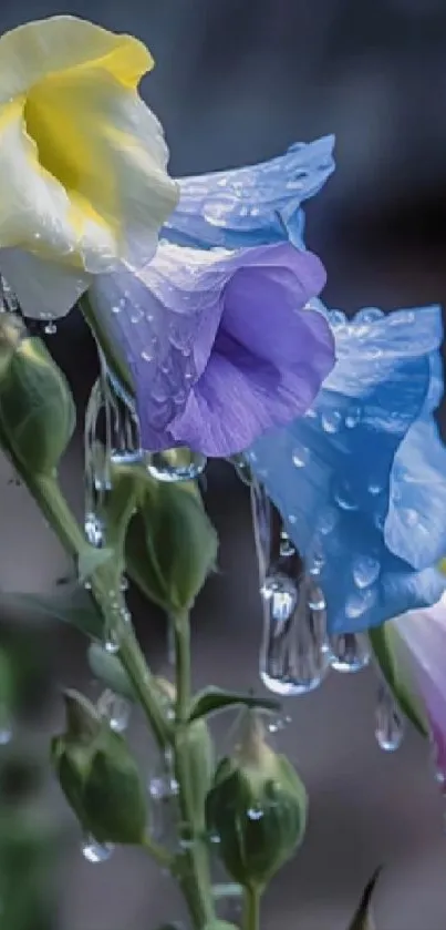 Colorful flowers with dew drops on petals for mobile wallpaper.