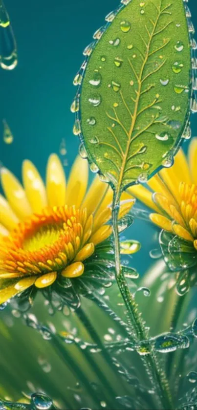 Yellow flowers with green leaves and dew on a vibrant teal background.