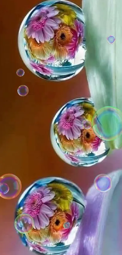 Colorful flowers reflected in dewdrops on leafy background.