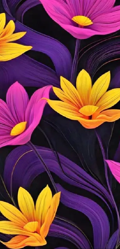 Vibrant pink and yellow flowers on a dark purple background.