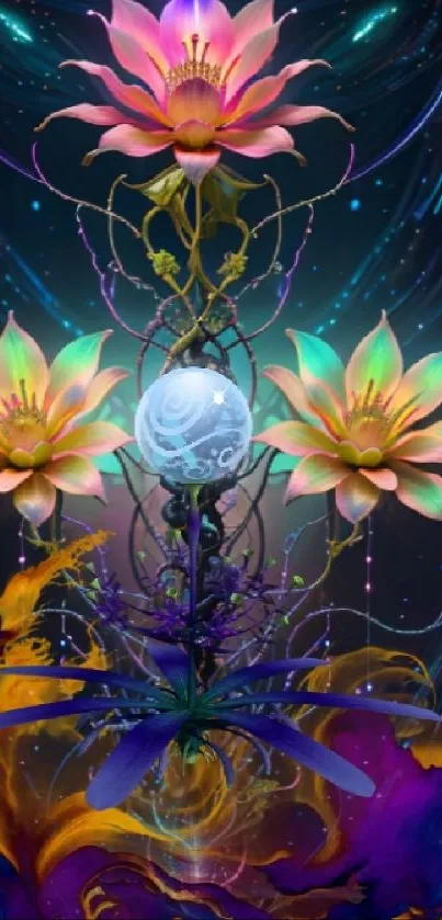 Vibrant digital art with lotus flowers and cosmic swirls.
