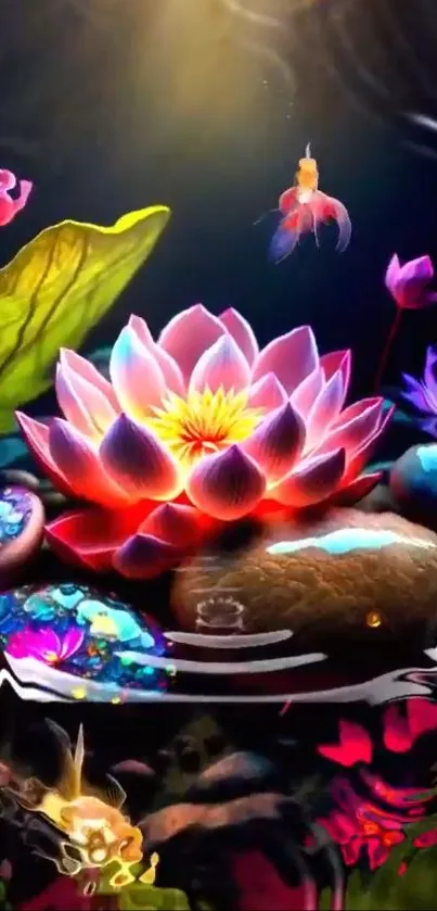Colorful digital artwork with glowing lotus and aquatic elements.