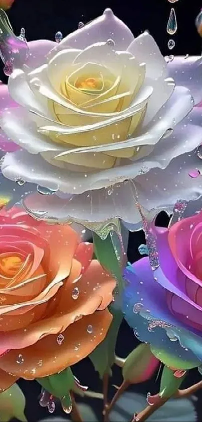 Vibrant digital art of colorful roses with raindrops on a mobile wallpaper.