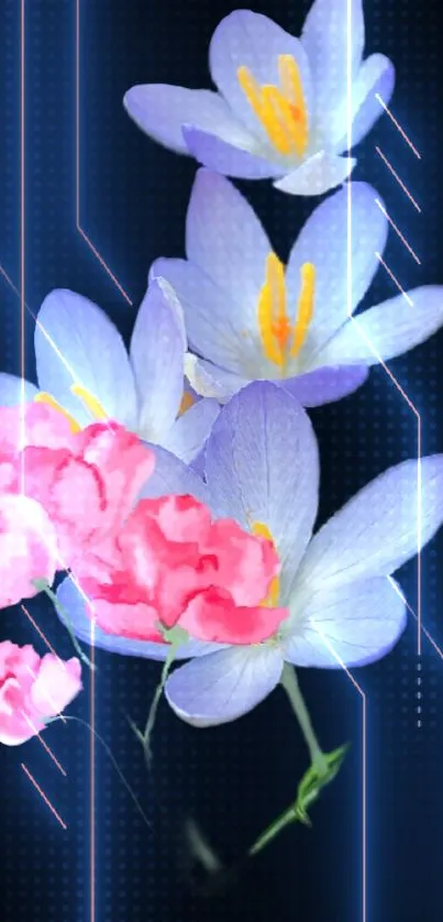 Vibrant digital wallpaper with blue and pink flowers on a black background.