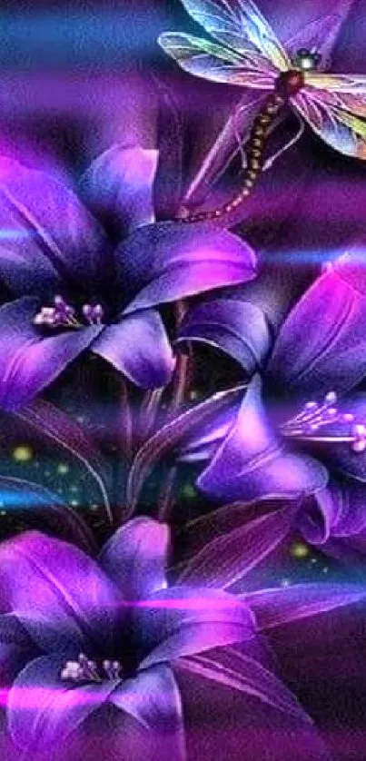 Purple flowers and dragonfly mobile wallpaper design.