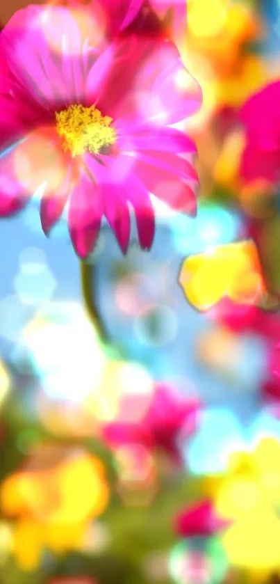 Vibrant flowers bloom against a dreamy, colorful background.