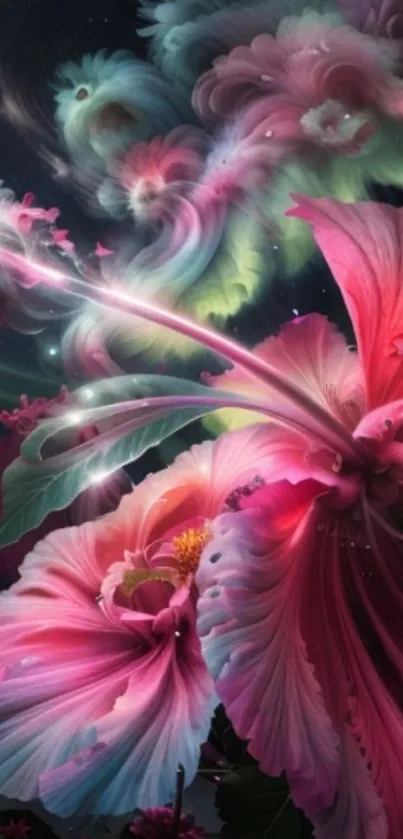 Vibrant pink and green floral dreamscape wallpaper for mobile phones.