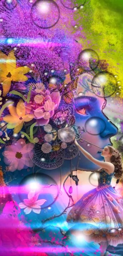 Colorful surreal wallpaper with flowers and bubbles.