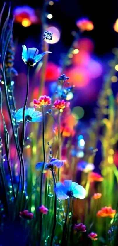 Vibrant floral mobile wallpaper with illuminated flowers.