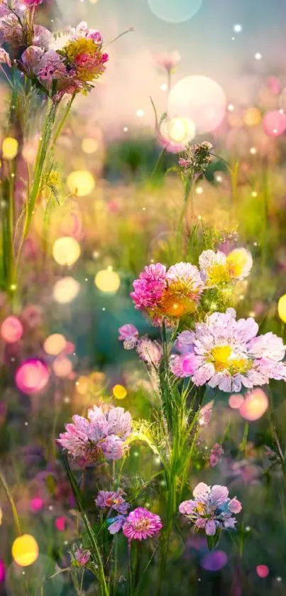 Vibrant wildflowers and bokeh lights in nature wallpaper.