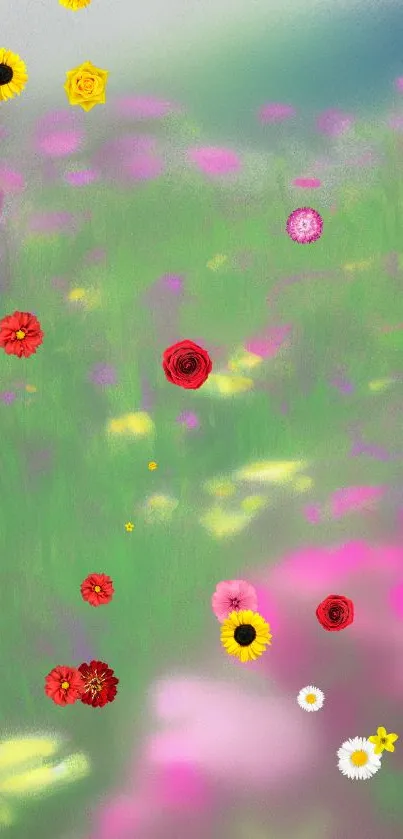 Vibrant abstract floral wallpaper with blurred pink, yellow, and green elements.