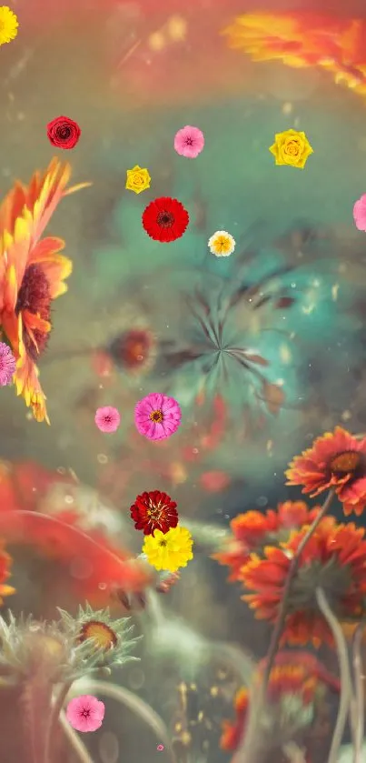 Abstract floral dreamscape with colorful floating flowers and vibrant background.