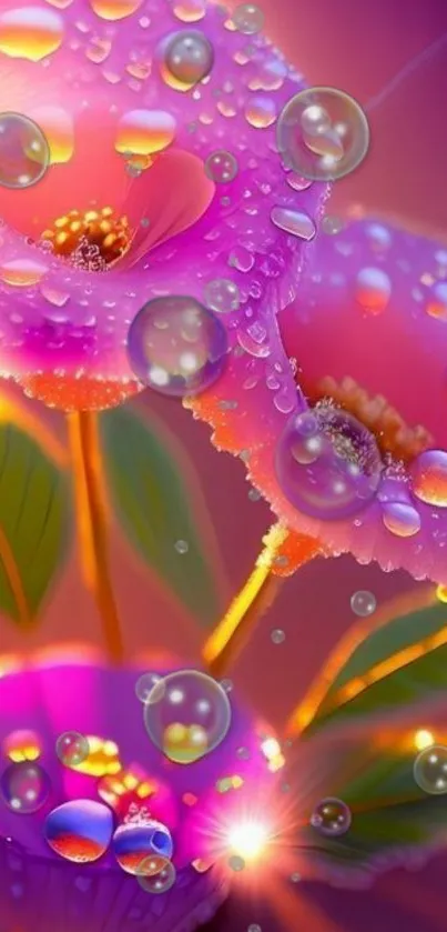 Vibrant pink floral wallpaper with dew and glowing orbs.