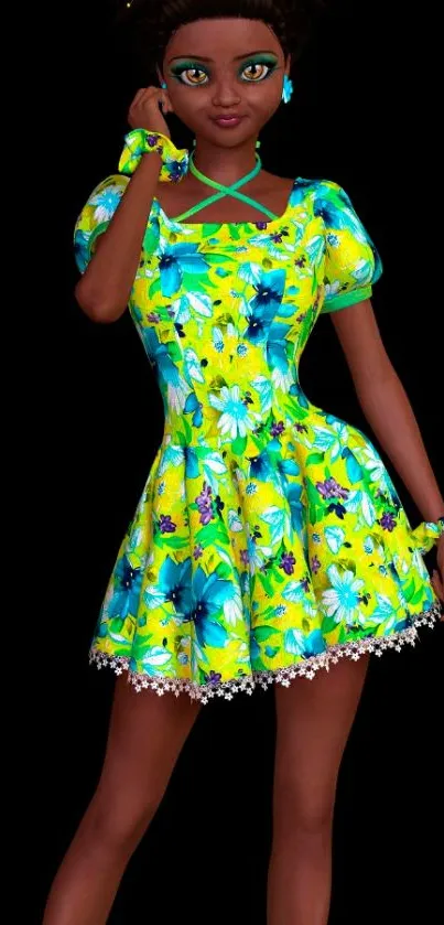 Stylized girl in vibrant floral dress on a dark background.