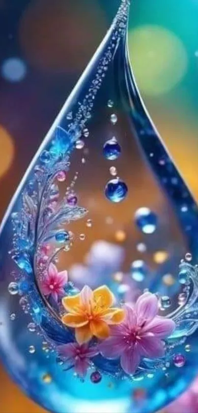 Vibrant floral droplet with abstract design.