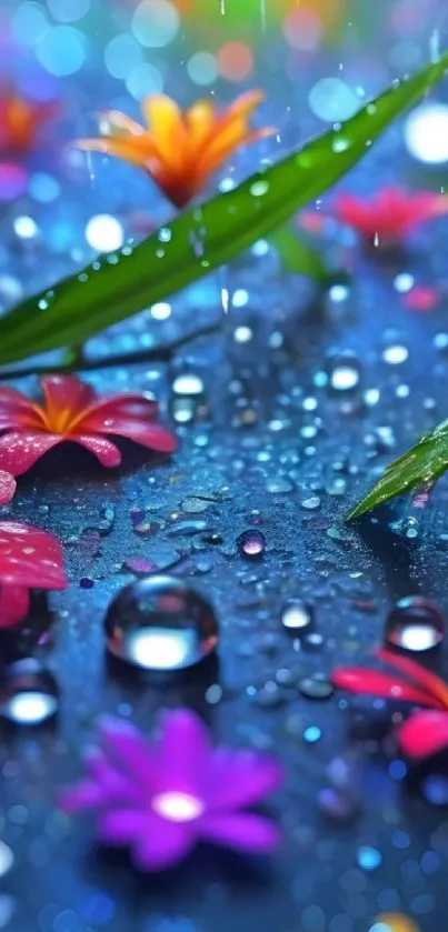 Vibrant floral wallpaper with raindrops on blue background.