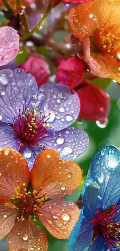 Vibrant flowers with dew drops on petals.