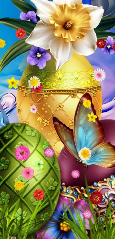 Colorful Easter eggs with flowers and butterfly design.