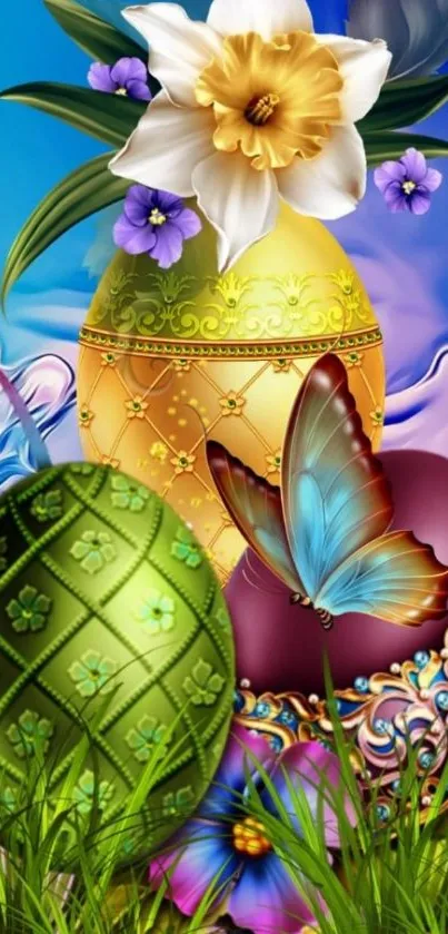 Vibrant Easter eggs with flowers and butterfly design.