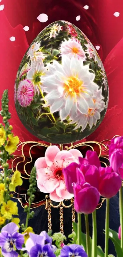 Vibrant floral egg with lush flowers and colorful petals, perfect for spring wallpaper.