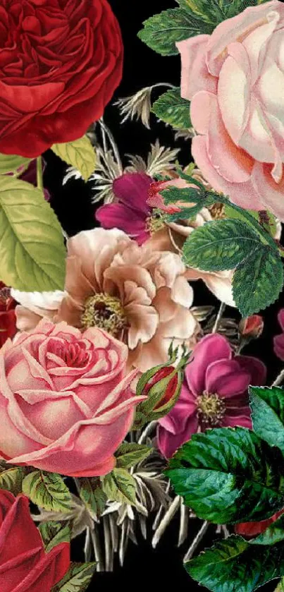 Vibrant floral wallpaper with roses and leaves on a black background.