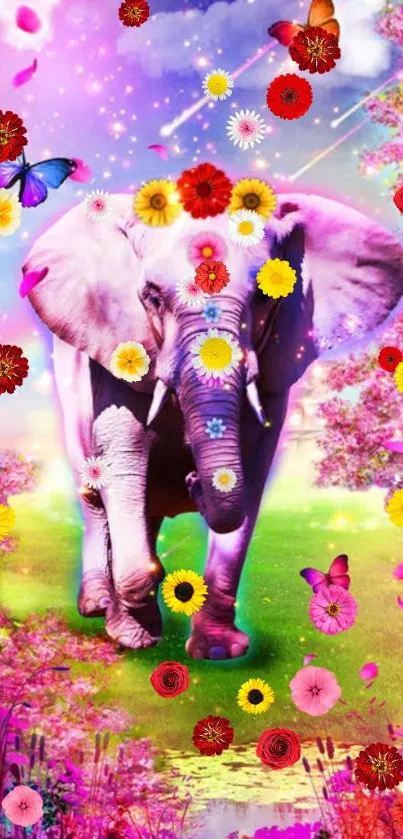 Vibrant pink floral wallpaper with an elephant and butterflies.