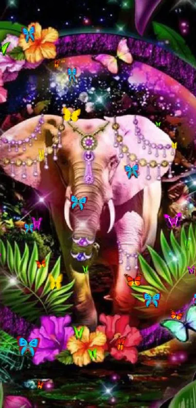 Vibrant elephant with floral jungle background.