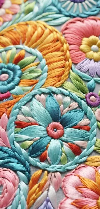 Colorful floral embroidery pattern with vibrant threads and intricate designs.