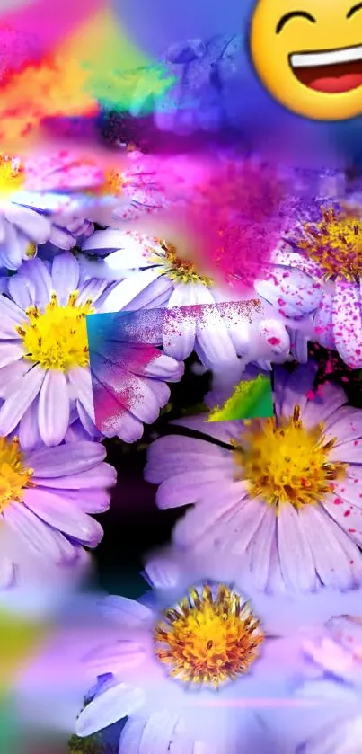 Vivid daisy flowers with vibrant emoji on mobile wallpaper.