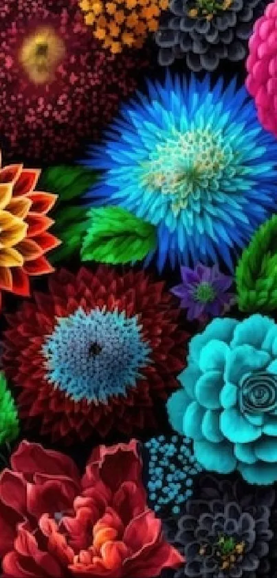 Colorful floral design with vibrant flowers and leaves.