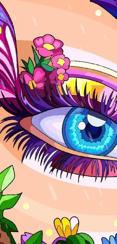 Vibrant floral eye with butterfly and flower art on a mobile wallpaper.