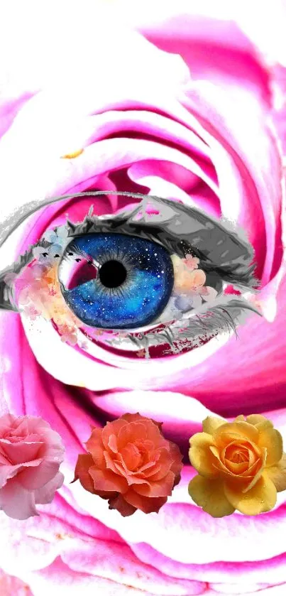 Artistic wallpaper with a blue eye surrounded by pink roses.