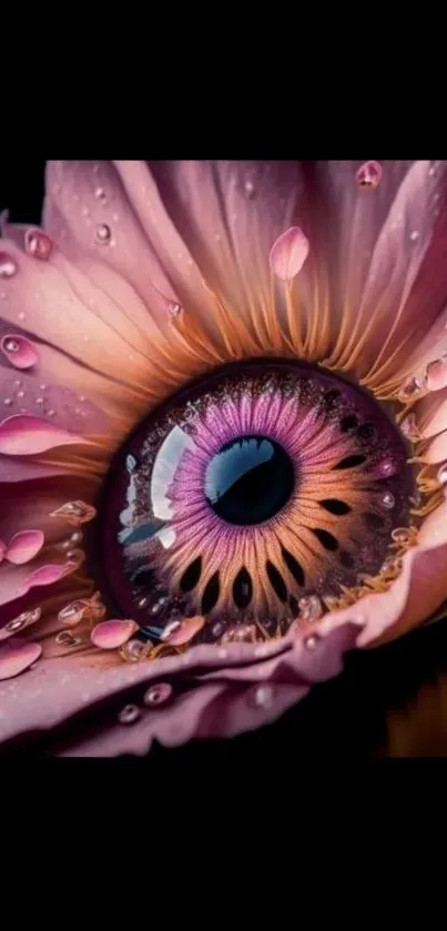 Pink floral eye art wallpaper with water droplets.